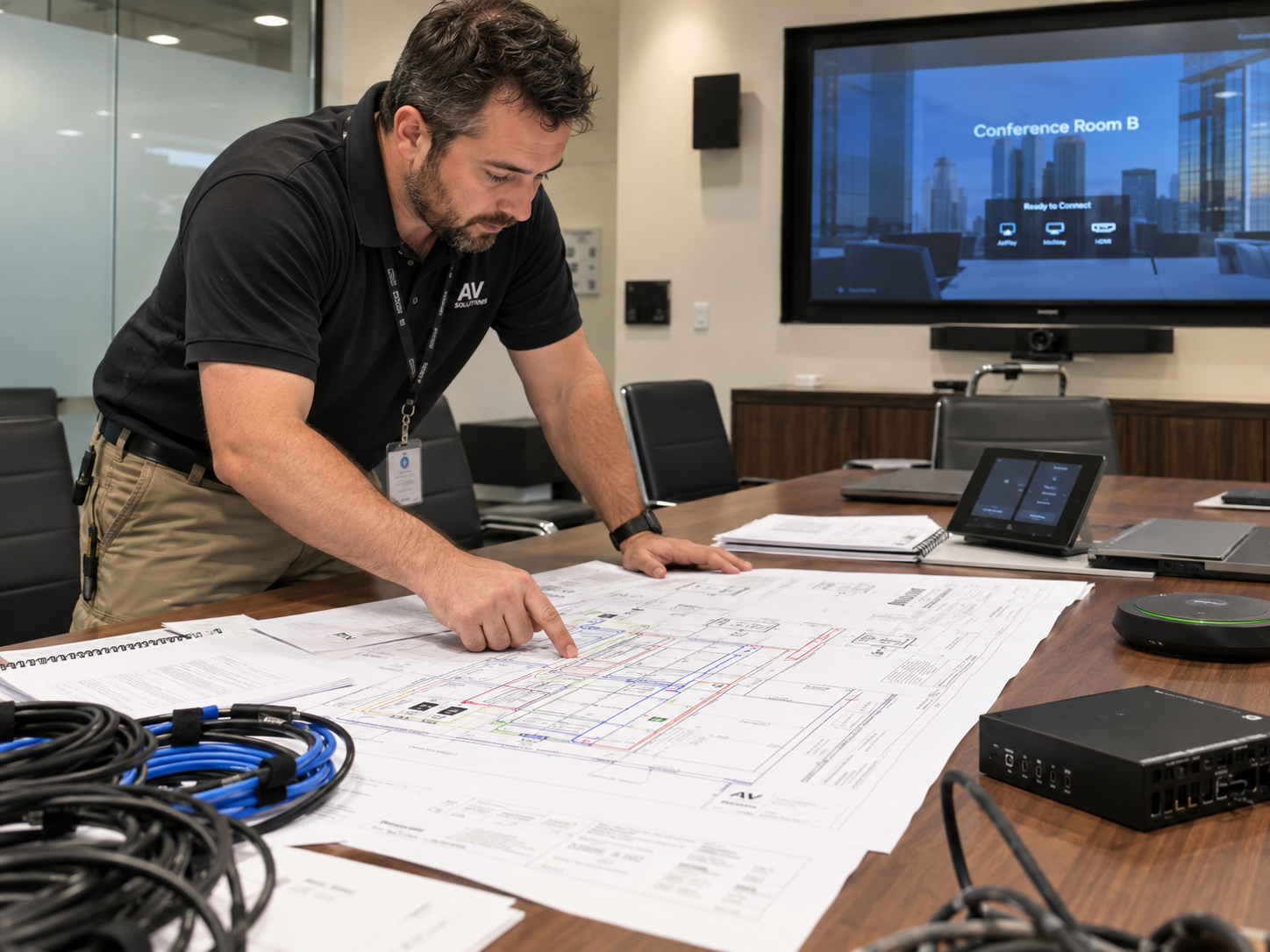Business audio-video wiring plan for a modern conference room